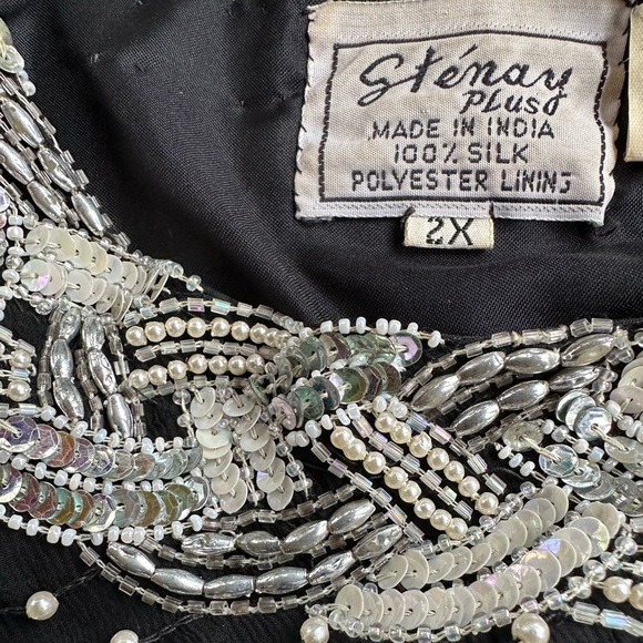 Vintage Pearl & Sequin Black Silk Jacket Open-Front or Hook & Eye Closure ~ 2X - Picture 10 of 17